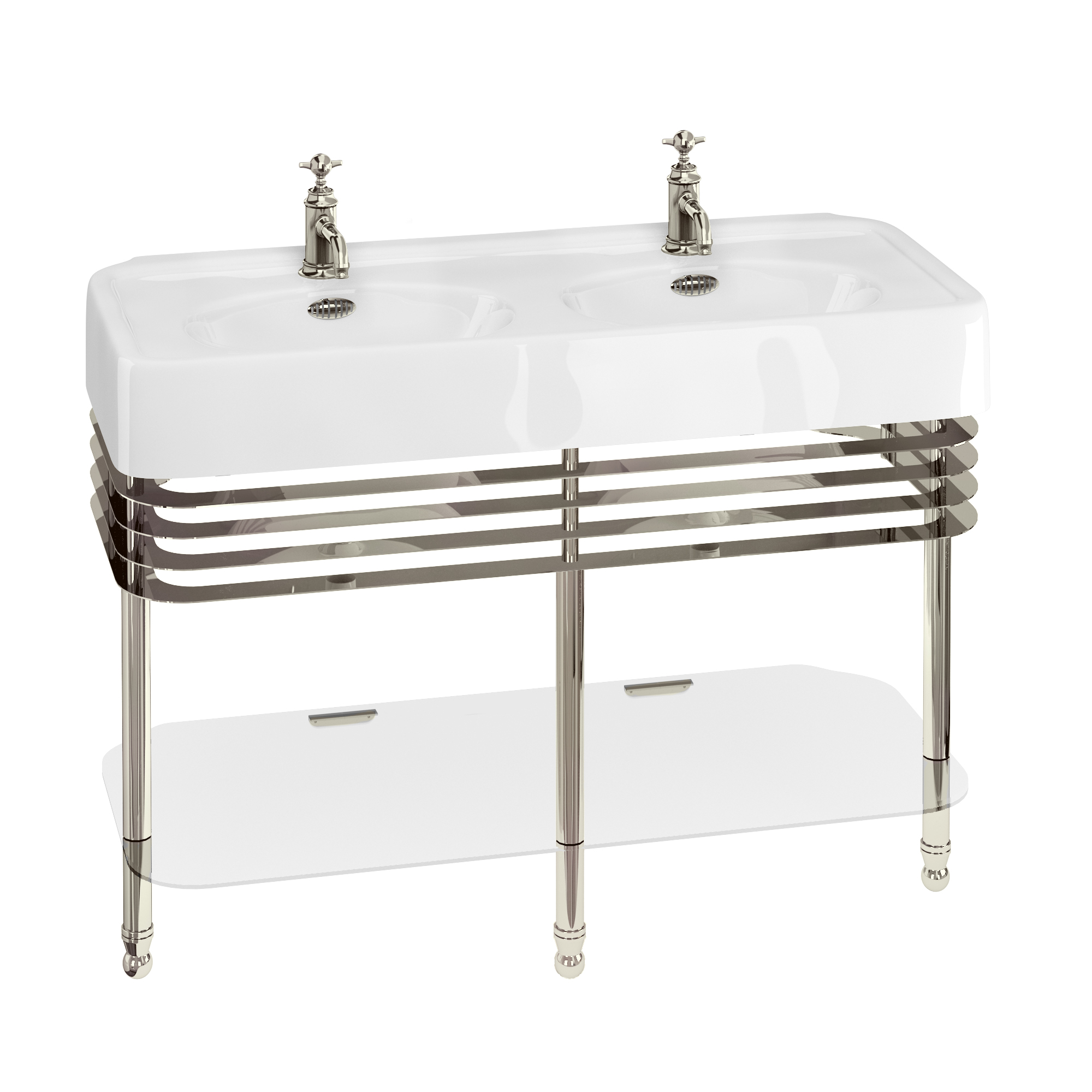 Arcade 1200mm basin with nickel overflow & basin stand with double basin & overflows